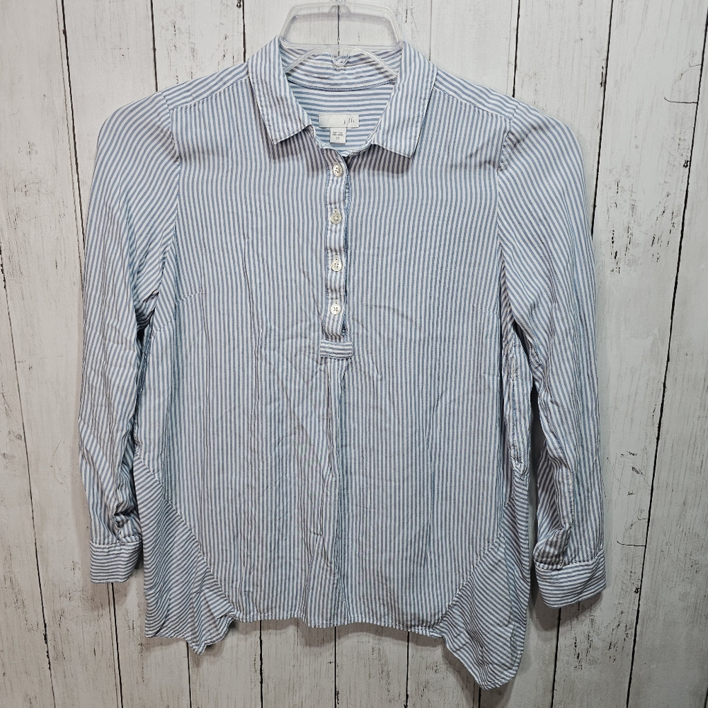 J. Jill Women's Blue White Striped Rayon Popover Roll Tab Sleeve Shirt Size XS.